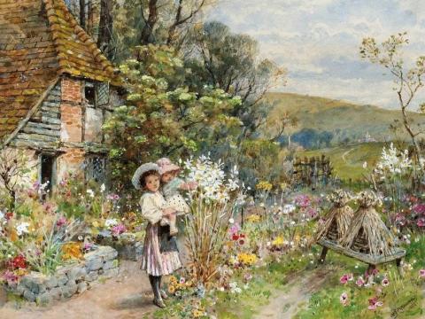 Two Little Girls in a Garden by William Stephen Coleman Two Little Girls in a Garden by William Stephen Coleman